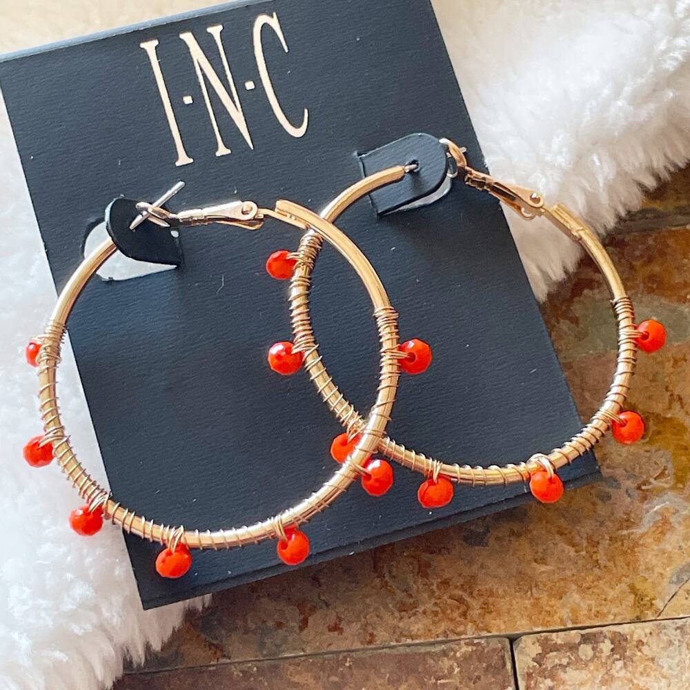 INC Beaded Hoop Earrings Gold Tone Orange New